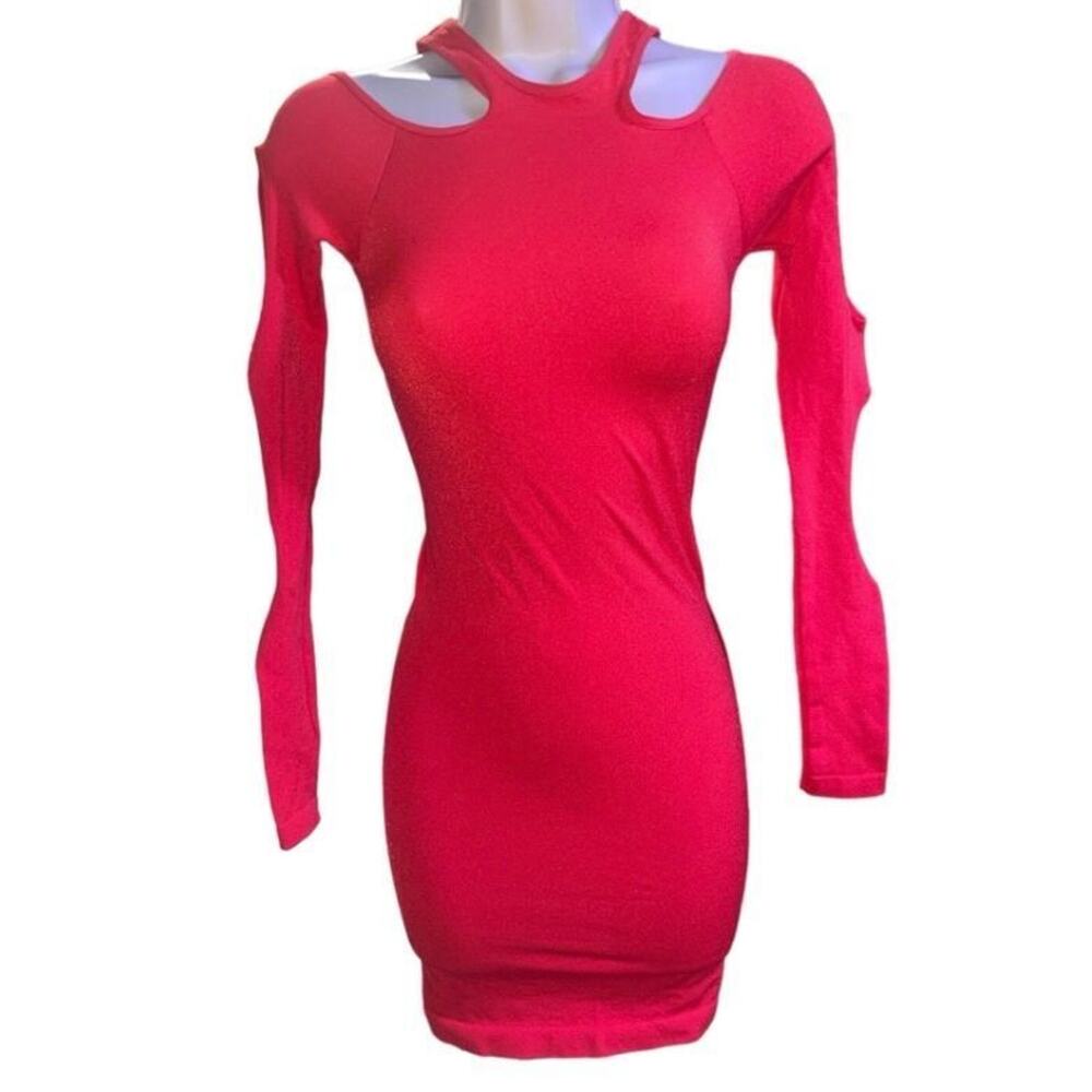 bebe Hot Pink Cutout Long Sleeve Midi Dress